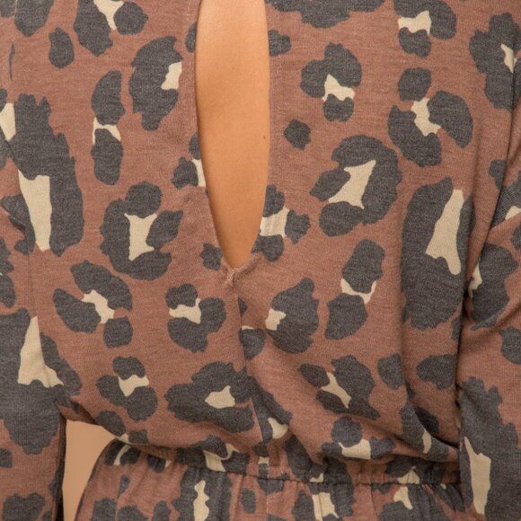 HEM & THREAD Brown Leopard Print Long Sleeve Romper, Soft Knit Lounge Jumpsuit - Picture 3 of 8